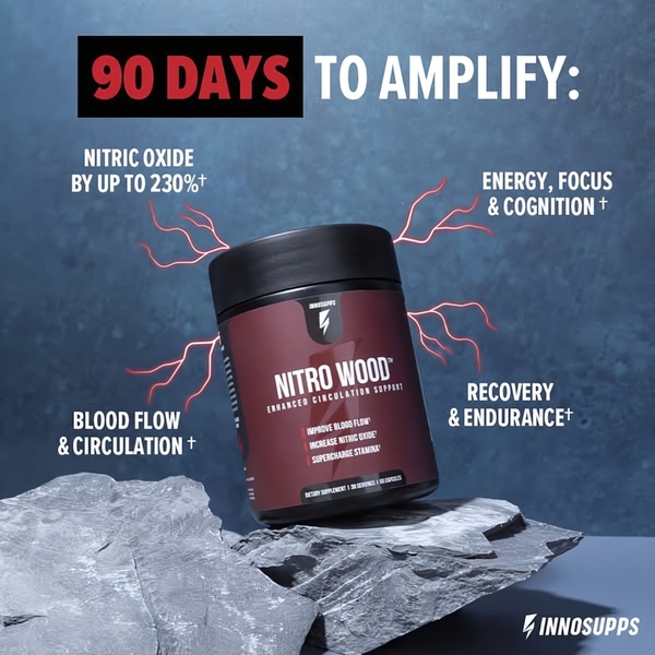 A clean, studio-lit product-centric advertisement featuring a dietary supplement jar placed on a rock, visually connecting ingredients to benefits through stylized red energy lines.